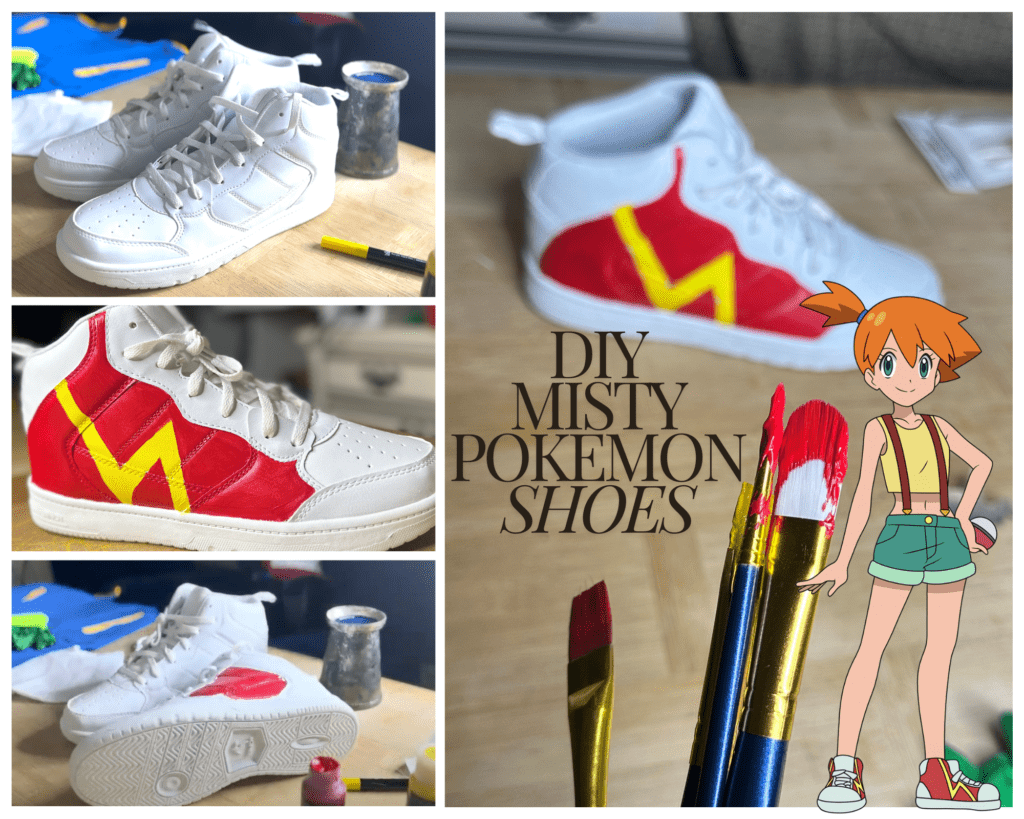 Close-up of DIY Misty shoes for a Pokémon Family Costumes theme, painted with red and yellow designs to match Misty’s iconic look from Pokémon.