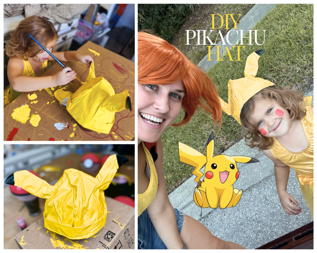 A DIY Pikachu hat made from a repurposed Viking helmet, painted yellow with black-tipped ears. The collage shows a young girl painting the hat, the completed Pikachu hat drying, and a mother and daughter wearing the hat and a Pikachu costume together. This creative craft is perfect for a homemade Pokémon costume and is easy to replicate with simple materials.