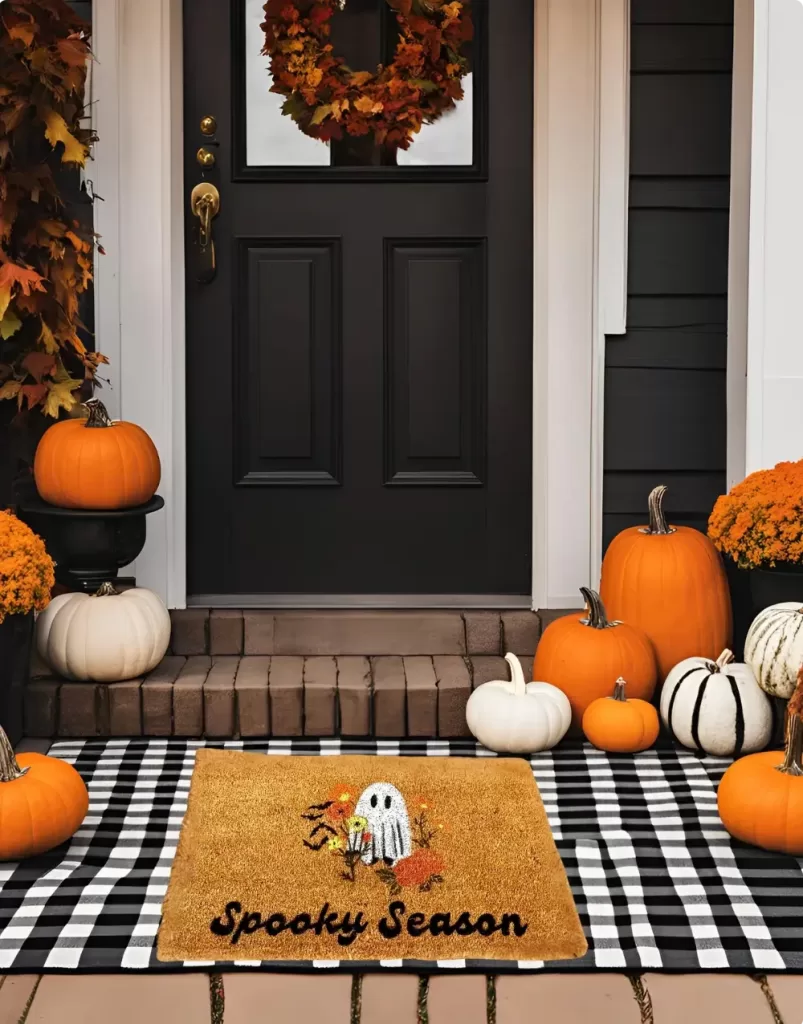 DIY Halloween doormat with 'Spooky Season' ghost design layered on black-and-white checkered mat, surrounded by pumpkins and fall decorations.