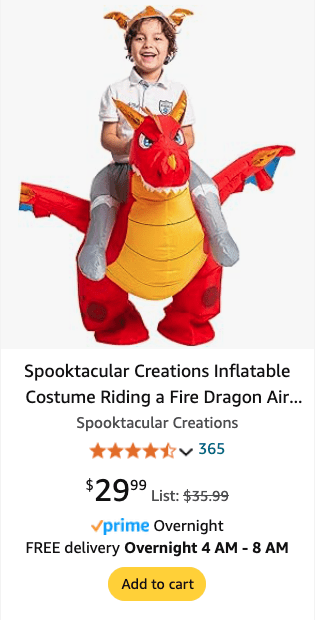 Child wearing a Spooktacular Creations Inflatable Fire Dragon Rider Costume, available for $29.99 with Prime Overnight Delivery.