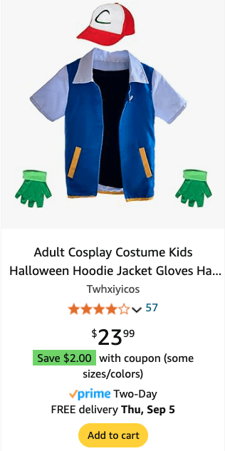 Adult Cosplay Costume featuring a blue hoodie jacket, white and red cap, and green gloves, perfect for kids' Halloween outfits, available for $23.99 with Prime Two-Day Delivery.