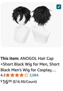 A product listing for an ANOGOL short black cosplay wig for men, priced at $16.99 on Amazon. The wig is styled in a short, tousled look, perfect for completing a cosplay costume, such as Ash Ketchum from Pokémon. The listing includes both front and back views of the wig on a mannequin head, with an average rating of 4.2 stars from 2,084 reviews.