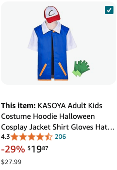 A product listing for the KASOYA Ash Ketchum cosplay costume set, available for $19.87 on Amazon, down from $27.99. The set includes a blue jacket, white shirt, Ash’s iconic red and white cap, and green gloves, perfect for both adults and kids. The costume is designed for Halloween or cosplay events and has an average rating of 4.3 stars from 206 reviews.