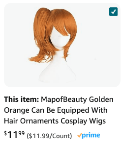 A product listing for a MapofBeauty golden orange cosplay wig designed for costume use, priced at $11.99 on Amazon. The wig features a short, layered style with a side-swept bang and a small ponytail, ideal for cosplay characters like Misty from Pokémon. The wig is shown on a mannequin head, highlighting its vibrant color and style.