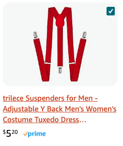 A product listing for Trilece red adjustable Y-back suspenders, available on Amazon for $5.20. The suspenders are designed for both men and women, suitable for costumes, tuxedos, or dress-up occasions. The image shows the suspenders laid flat, with silver clasps and adjustable straps, making them a versatile accessory.