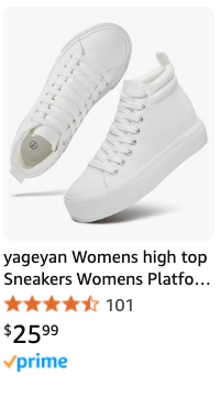 A product listing for Yageyan women’s high-top white sneakers, priced at $25.99 on Amazon. These platform sneakers feature a classic design with white laces and a padded collar, perfect for casual wear or as part of a costume ensemble. The image shows the sneakers from multiple angles, highlighting their clean and modern look.